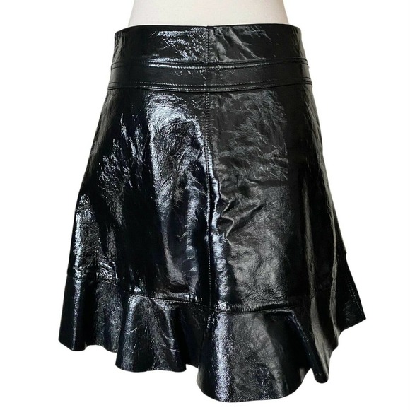 MAJE Faux Cuir Vinyl Skirt Jupe Leather Black Asymmetrical Mini Belt 40 Med NWT - Picture 7 of 11